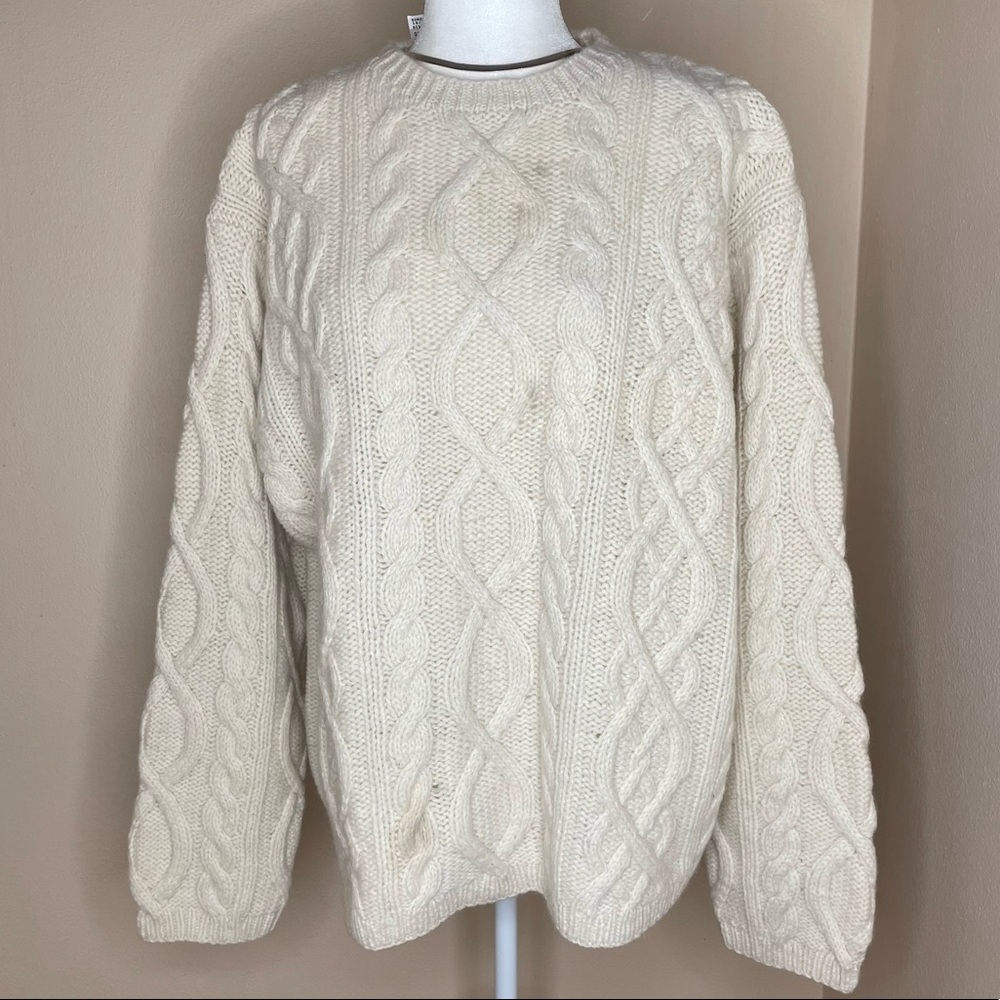 Landsend NWT 100% Wool Chunky Cable Fishermans Crewneck Sweater Size:Large
